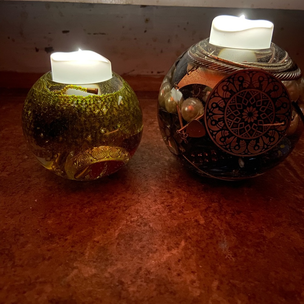 Handmade Pair of Epoxy Resin Jewelry Orb Tea-light Holders
